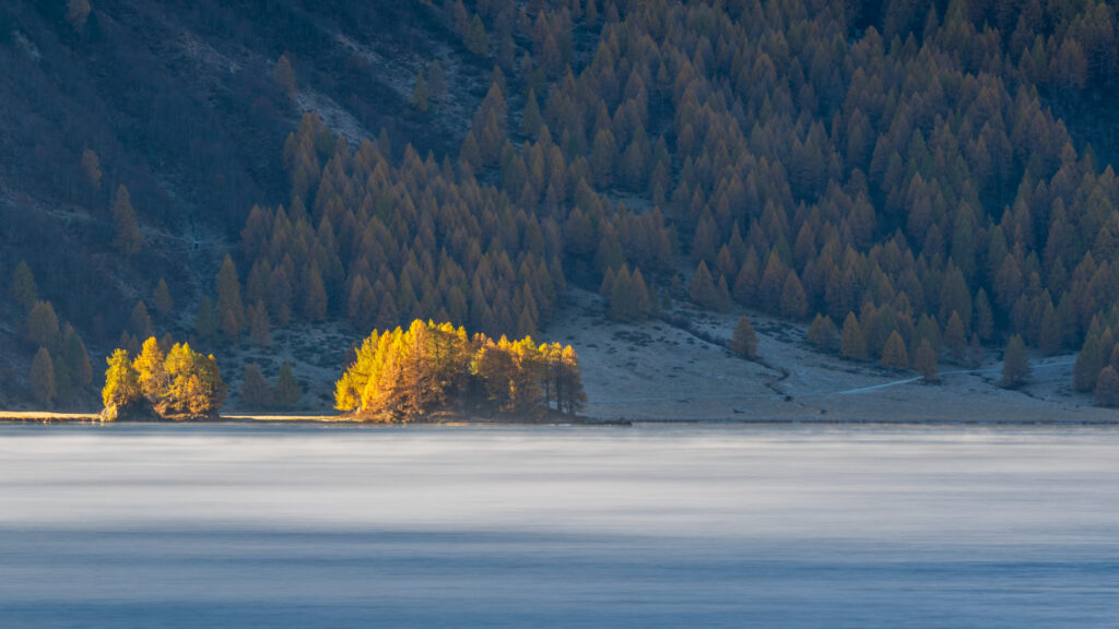 Isola im Silsersee mit Nebelsee